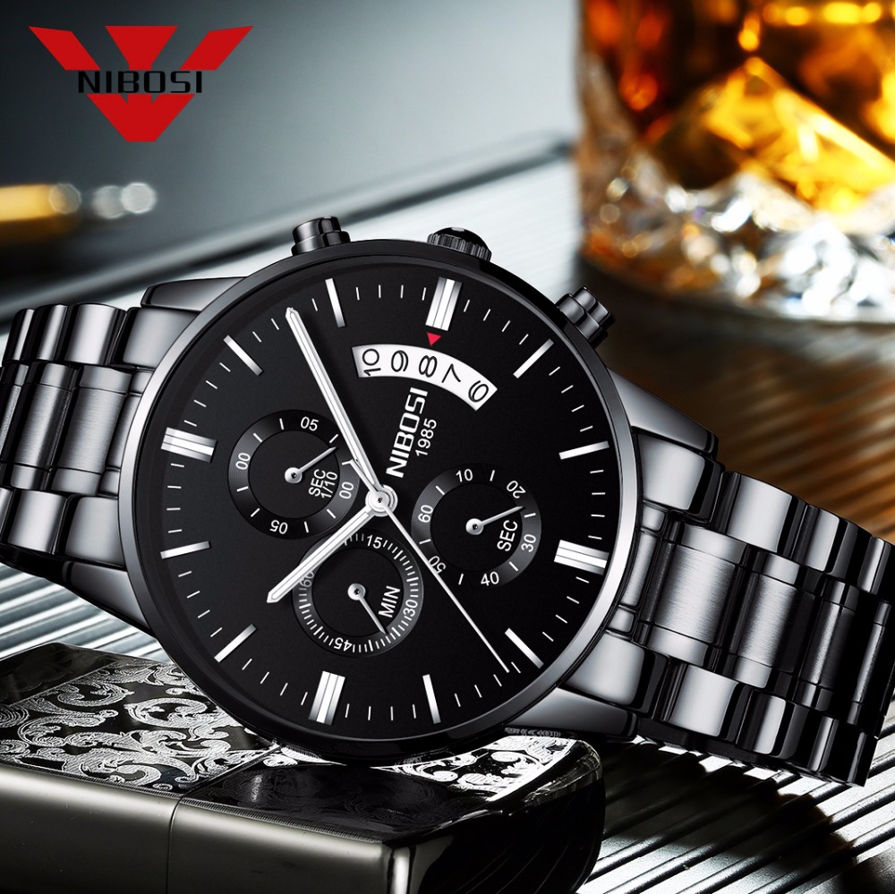 Luxury Watch Top 10 - NIBOSI สแตนเลสสีดำนาฬิกาควอตซ์ Luxury Chronograph นาฬิกาข้อมือชาย Relogio