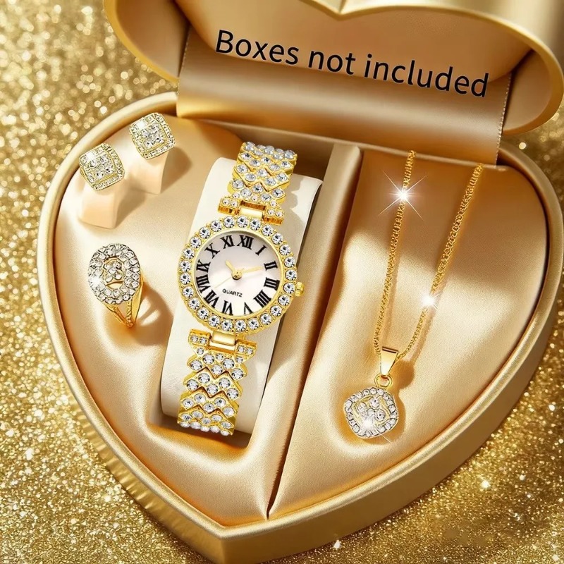Luxury Watch Organizer - 5 ชิ้น ชุดเครื่องประดับนาฬิกาข้อมือผู้หญิงหรูหราประดับเพชรพลอย นาฬิกาควอตซ์แบบโรมัน พร้อมสร้อยคอ ต่างหู
