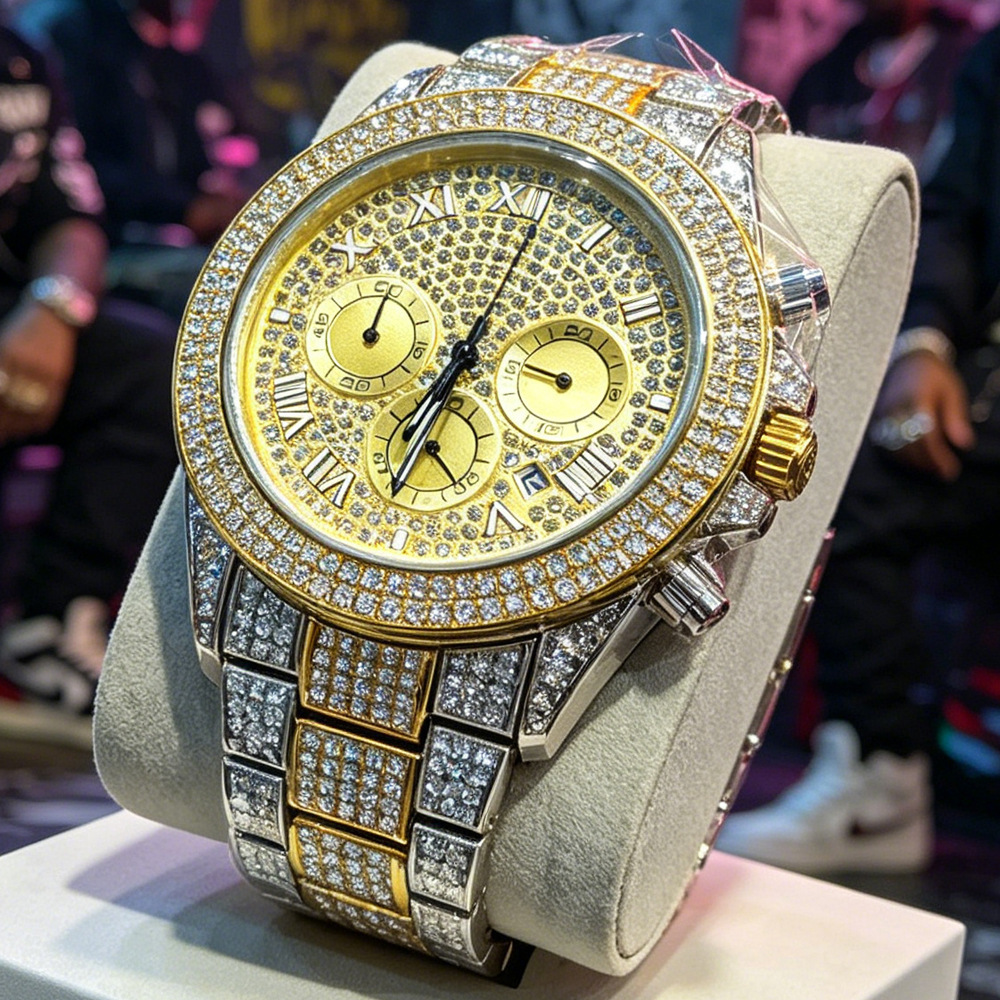 Luxury Watch Brands Logo - นาฬิกาควอตซ์ฮิปฮอปแบบเต็มเพชร ไม่มีโลโก้ สีเงิน-ทอง แบรนด์ดังสุดฮิตสำหรับผู้ชาย แฟชั่นหรูหรา พร้อมส่งแบบดรอปชิปปิ้ง