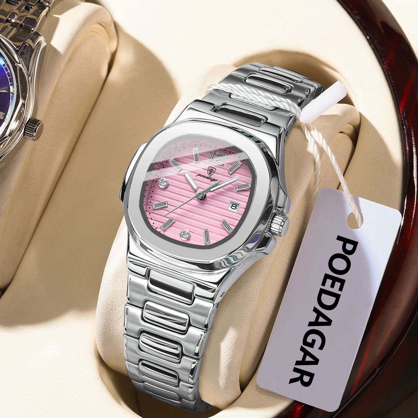 Luxury Watch Girl - นาฬิกาข้อมือผู้หญิง POEDAGAR สี่เหลี่ยมแฟชั่น เรืองแสง กันน้ำ แสดงวันที่