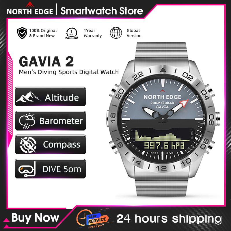 Compass Watch Luxury - NORTH EDGE นาฬิกาดำน้ำสำหรับผู้ชาย ทหาร หรูหรา นาฬิกาสมาร์ทวอทช์เหล็กเต็มรูปแบบ