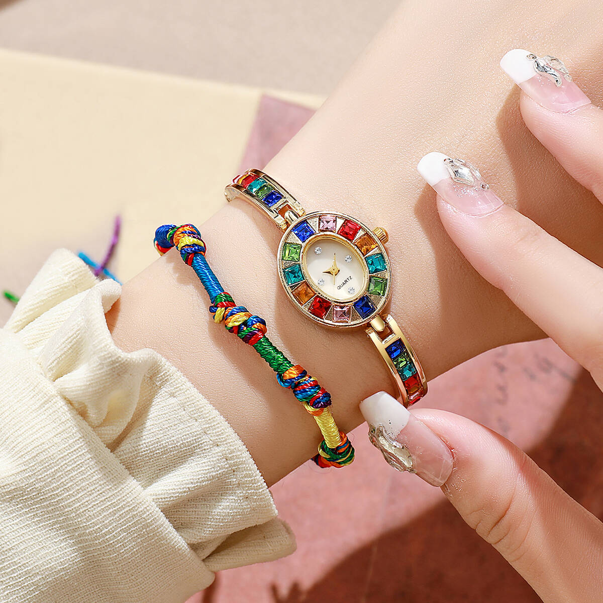 Luxury Watch Organizer - 2 ชิ้น/เซ็ตหรูหราไรน์สโตนนาฬิกาผู้หญิงแฟชั่นสร้อยข้อมือควอตซ์นาฬิกาสร้อยข้อมือชุดเรโลจ มูเยร์(ไม่มีกล่อง)