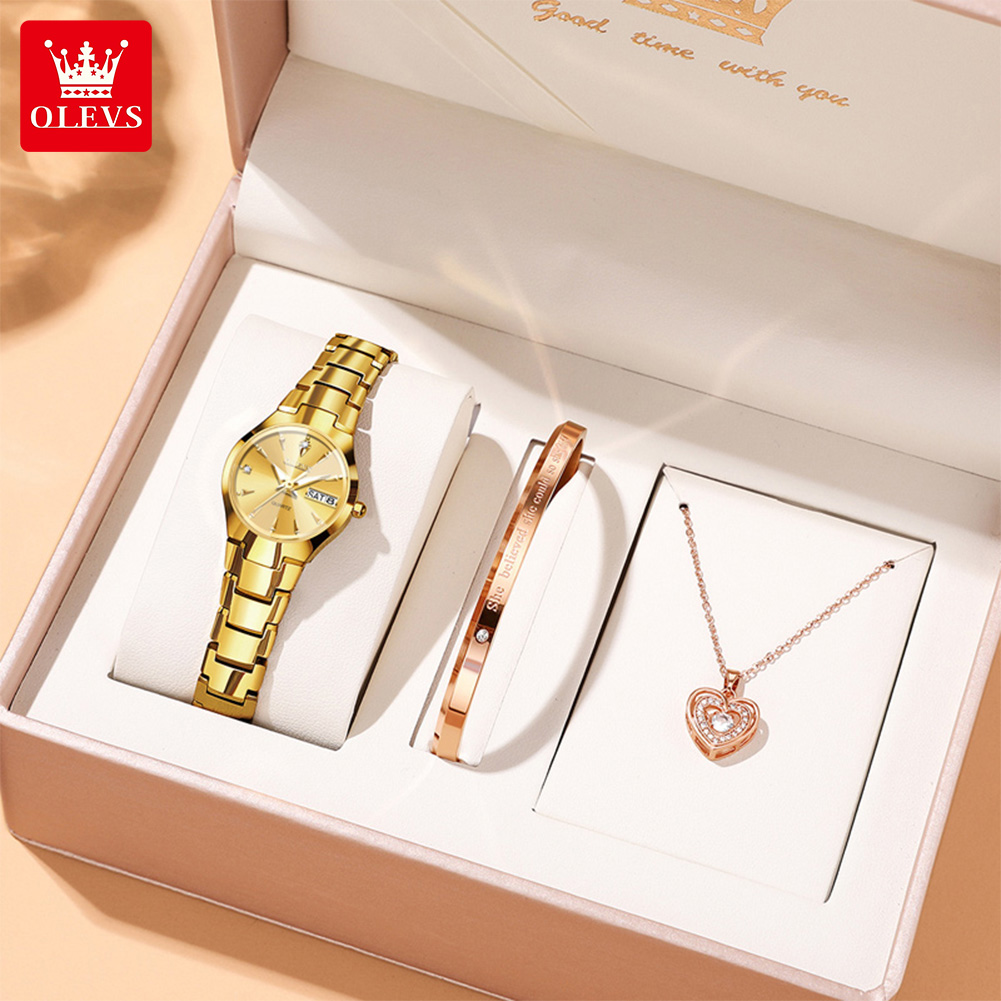 Luxury Watch With Bracelet - OLEVS สุภาพสตรีนาฬิกา 8697 หรูหราควอตซ์นาฬิกากันน้ําทังสเตนเหล็กวันที่นาฬิกาสําหรับนาฬิกาผู้หญิงชุดสร้อยข้อมือ