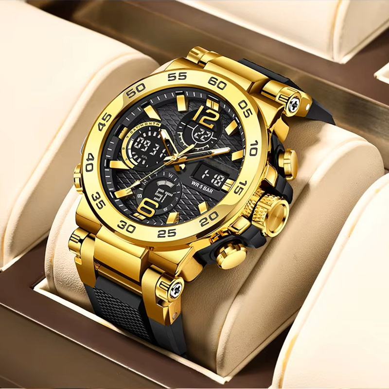 Luxury Watch Level - นาฬิกาสปอร์ตผู้ชายสุดหรูระดับท็อปสีดำ กันน้ำ 5ATM นาฬิกาควอทซ์จอแสดงผลคู่ พร้อมฟังก์ชันจับเวลา นาฬิกาปลุก