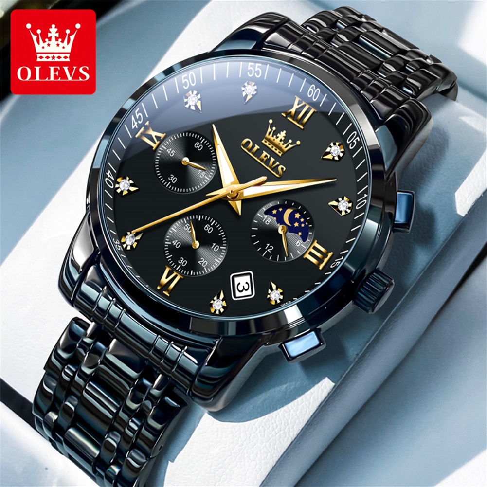 Luxury Watch Wallpaper - OLEVS นาฬิกาผู้ชายยอดนิยมสแตนเลสสีดำมูนเฟสโครโนกราฟนาฬิกาควอทซ์สำหรับผู้ชายวันที่นาฬิกาข้อมือแบรนด์เดิม