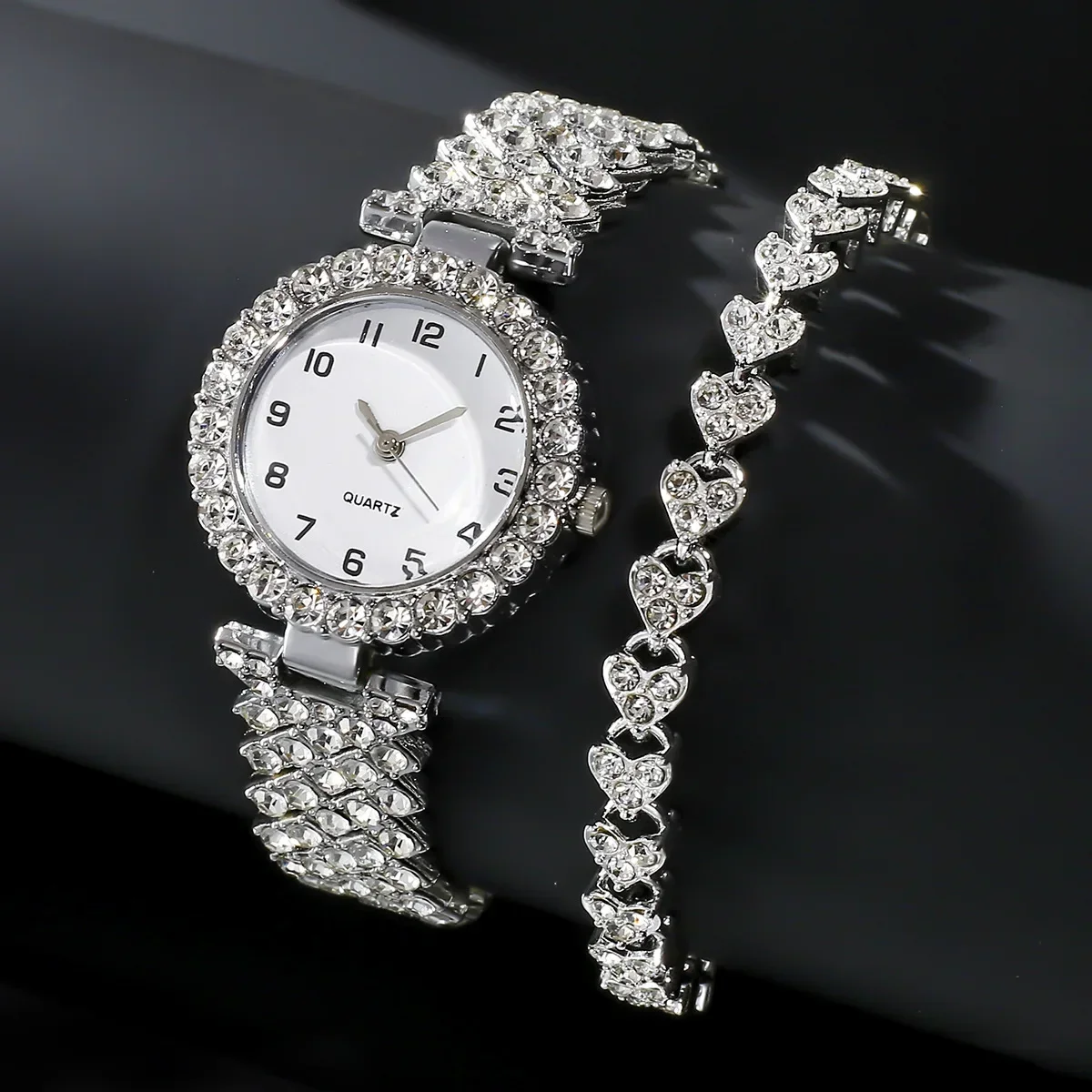 Luxury Watch Girl - ชุดนาฬิกาข้อมือแฟชั่นหรูหราสำหรับผู้หญิง 1 ชิ้น/2 ชิ้น สายสีเงิน นาฬิกาควอตซ์