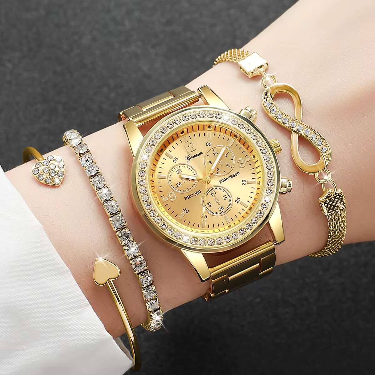 Luxury Watch Organizer - 4 ชิ้น/เซ็ตหรูหราไรน์สโตนนาฬิกาผู้หญิงแฟชั่นสุภาพสตรีนาฬิกาควอตซ์ชุดสร้อยข้อมือเรโลจ มูเยร์(ไม่มีกล่อง)