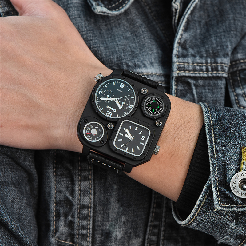 Compass Watch Luxury - Oulm สีดำคลาสสิก Casual นาฬิกาผู้ชายกีฬานาฬิกาควอตซ์ Dual Time