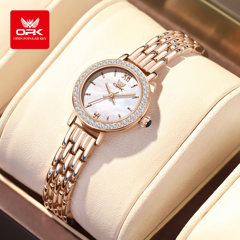Luxury Watch Girl - OPK 6063 นาฬิกาหรูหราสำหรับผู้หญิงหน้าปัดกลมขนาดเล็กดีไซน์เพชรแสงจันทร์ต้นฉบับควอตซ์การเคลื่อนไหวนาฬิกาสร้อยข้อมือเซอร์คอน