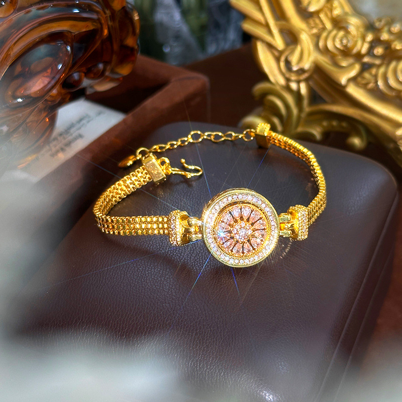 Compass Watch Luxury - นาฬิกาข้อมือผู้หญิงหรูหราประดับเพชร 24k ทองคำ 9999 พร้อมหน้าปัดหมุนได้ ประดับเพชรเซอร์คอนสีชมพู
