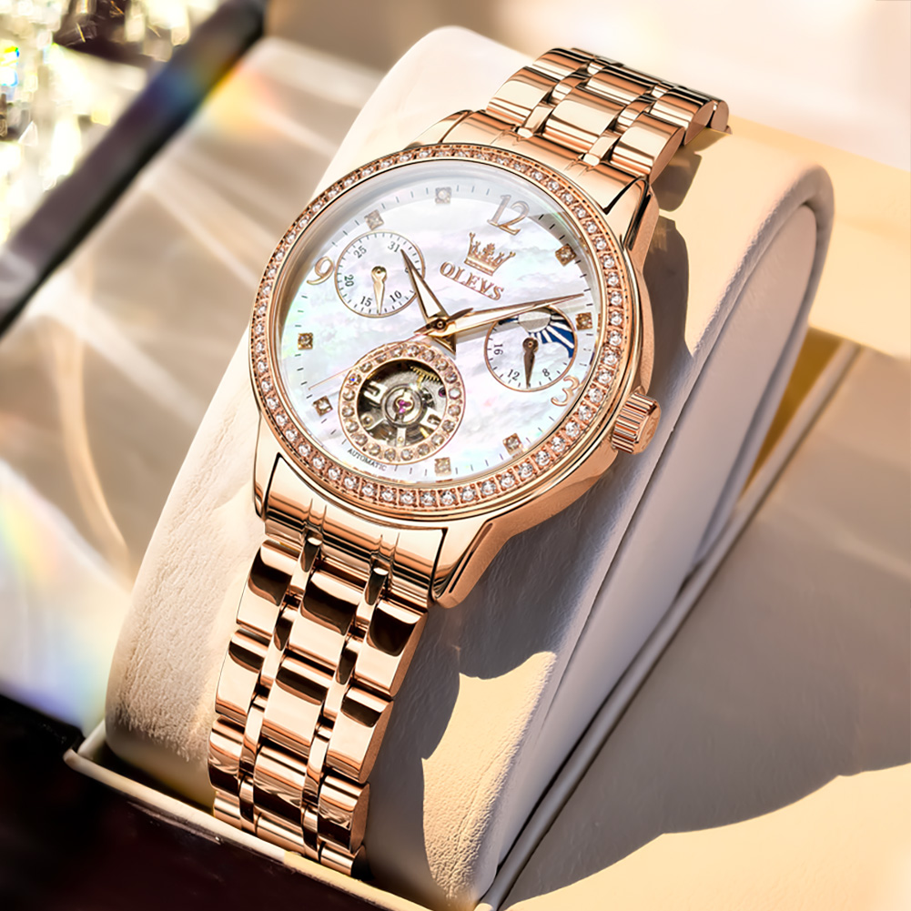 Luxury Watch With Bracelet - OLEVS นาฬิกาผู้หญิงแบรนด์ชั้นนำหรูหราแฟชั่นเหล็กอย่างดีต้นฉบับนาฬิกาข้อมือกลไกอัตโนมัติสร้อยคอสร้อยข้อมือกล่องของขวัญ