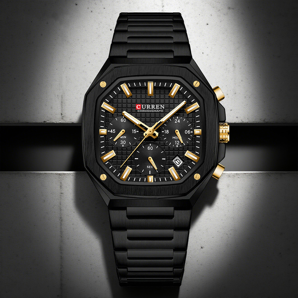 Luxury Watch With Bracelet - CURREN นาฬิกาโครโนสแควร์สุดหรูสำหรับผู้ชายดีไซน์คลาสสิกสีทองบนหน้าปัดสีดำแฟชั่นนาฬิกาข้อมือควอตซ์มือส่องสว่าง