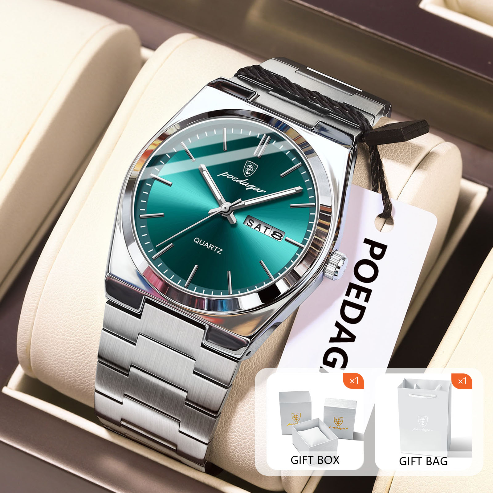 Luxury Watch Display Case - POEDAGAR Original ควอตซ์นาฬิกาผู้ชายกันน้ําวันที่สัปดาห์นาฬิกาผู้ชายสแตนเลสหรูหรา Casual ชายนาฬิกา +
