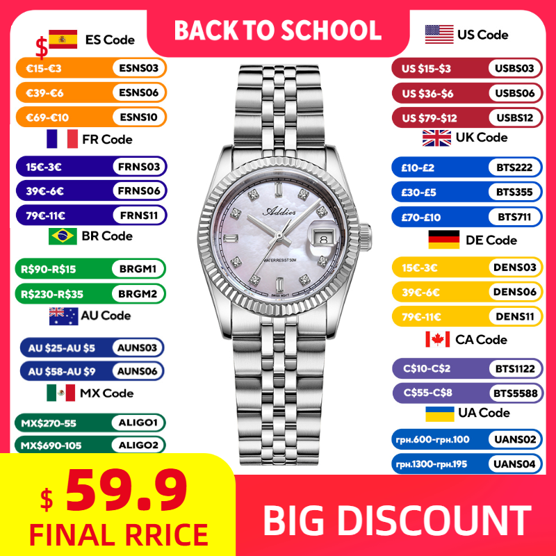 Luxury Watch With Bracelet - ADDIES 585 ควอตซ์นาฬิกาผู้หญิงกระจกแซฟไฟร์ 5 บาร์กันน้ำ 316L